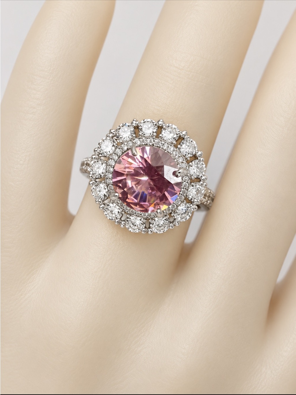 Pink Halo Cocktail Ring with Clear Accents -